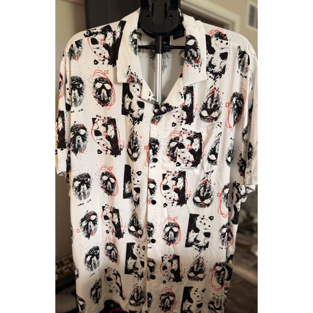 Men’s Short Sleeve Horror Friday The 13th Jason Button Up Camp Shirt White XXL